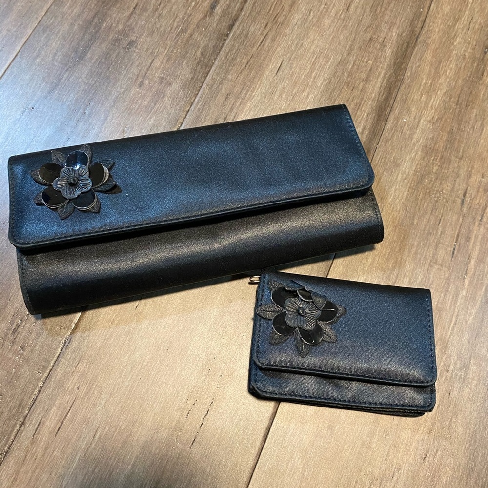 Vintage hand bag clutch and wallet‎ set black with flower